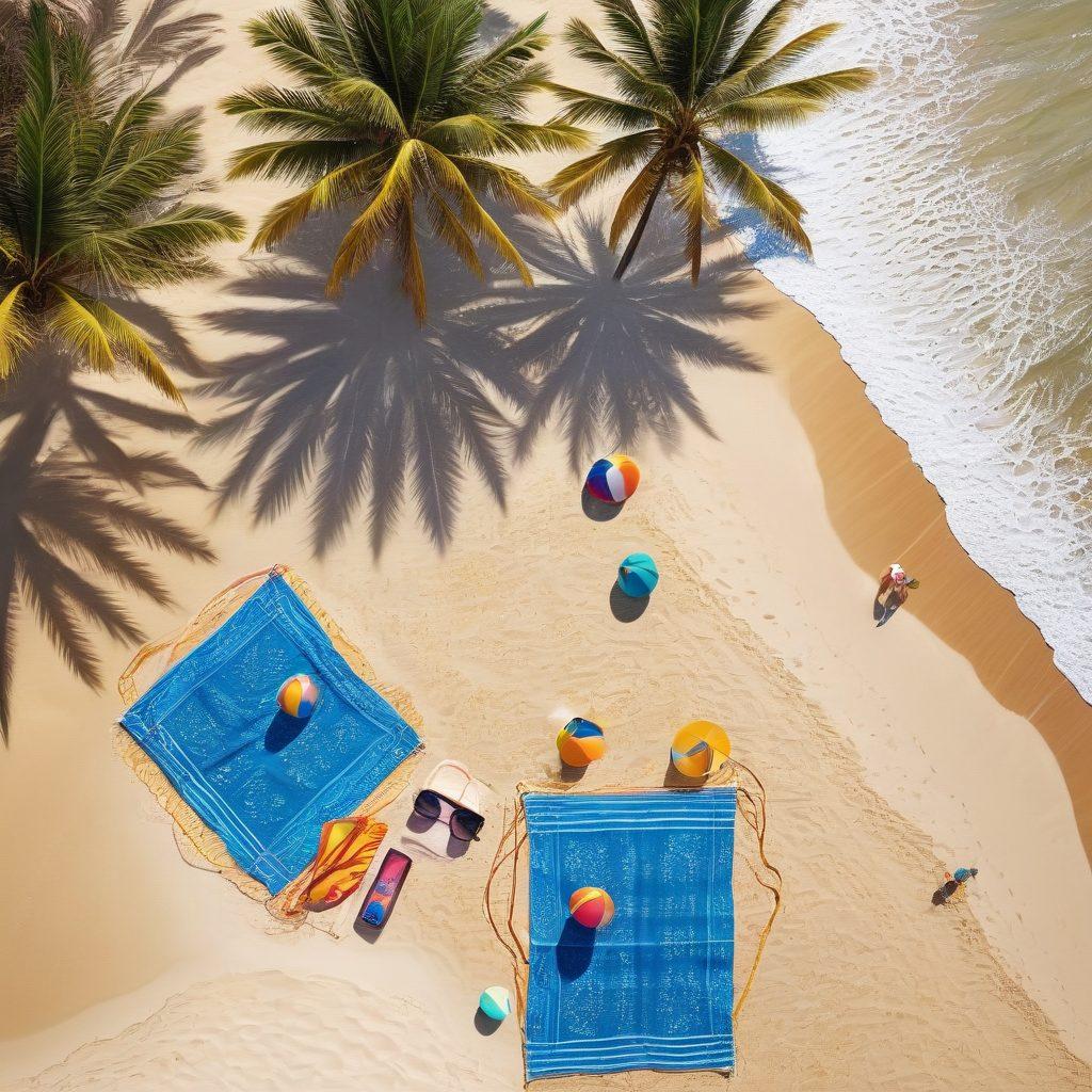 A radiant beach scene featuring a diverse group of stylish individuals showcasing various trendy bikinis and beachwear. The setting includes a shimmering blue ocean, golden sand, and palm trees swaying in the warm sun. Incorporate colorful beach towels, sun hats, and sunglasses to enhance the vibe. Include playful waves and beach balls for added fun. vibrant colors. super-realistic.