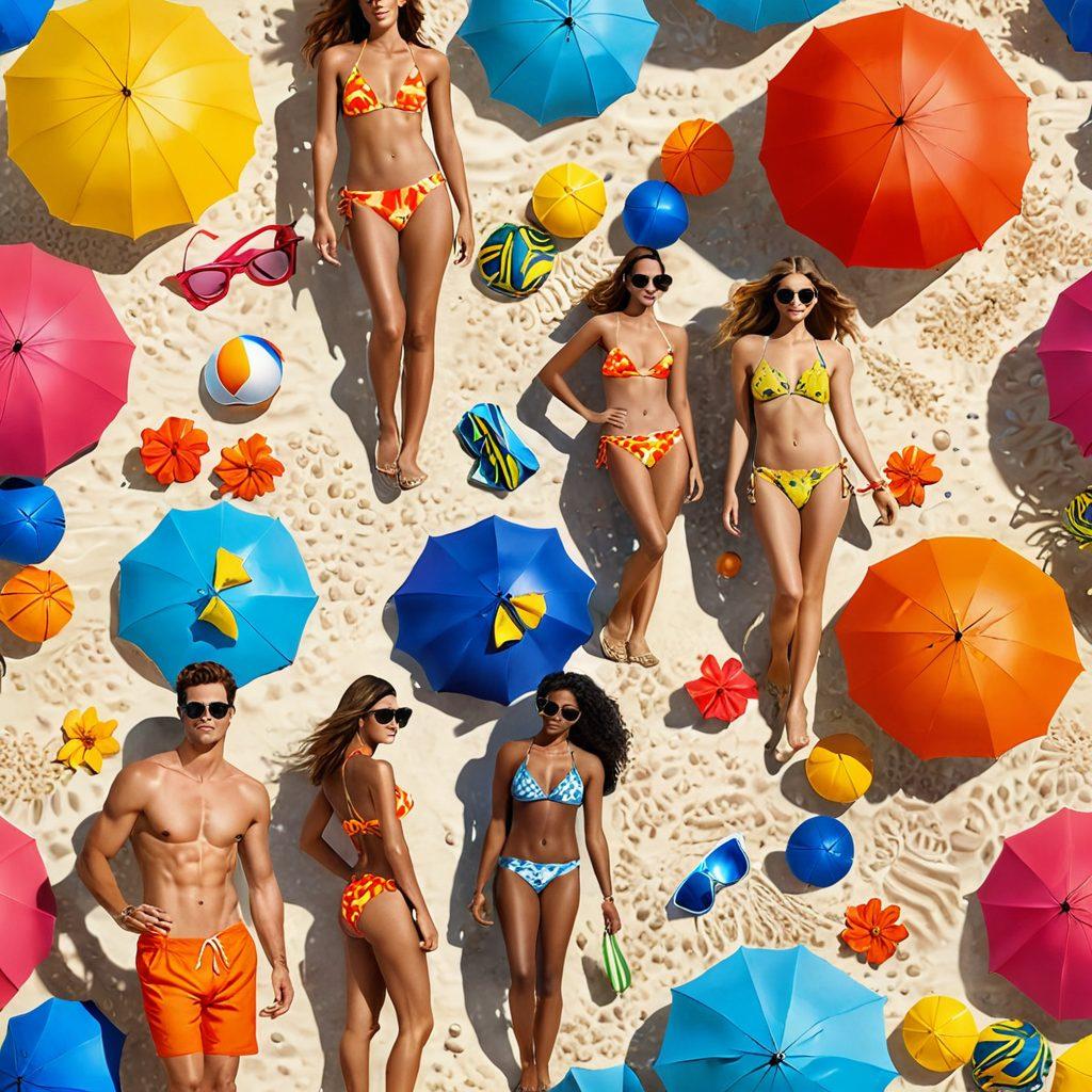 A vibrant beach scene featuring diverse models showcasing a variety of stylish swimwear, elegantly posed on a sandy shore with crystal-clear waves in the background. Incorporate colorful beach umbrellas and tropical flowers to enhance the summery vibe. Ensure sunlight casts a warm glow on the scene, highlighting the swimwear designs. Include playful beach accessories like sunglasses and beach balls for added detail. super-realistic. vibrant colors. bright and sunny atmosphere.