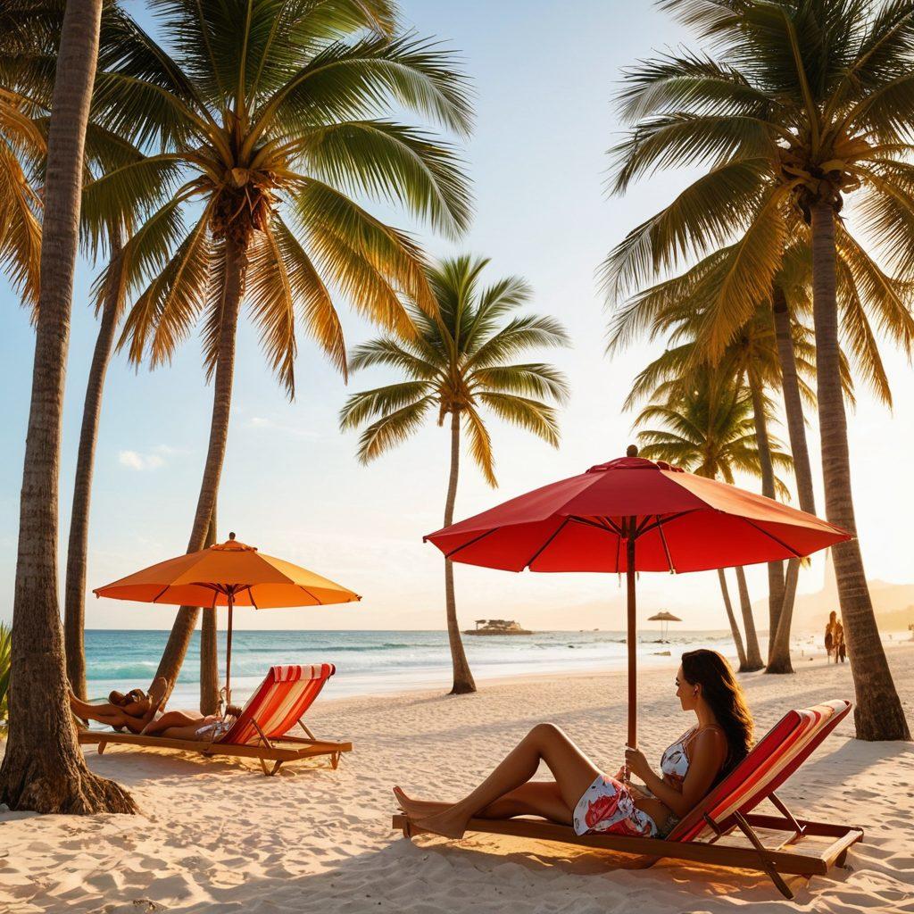 A vibrant beach scene featuring stylish swimwear adorned models lounging under colorful umbrellas, enjoying premium cigars, and sipping tropical drinks. Include a sun setting over golden sands, with surfboards and beach towels scattered around, giving a relaxed yet luxurious vibe. Add palm trees swaying gently in the breeze. vibrant colors. tropical illustration.